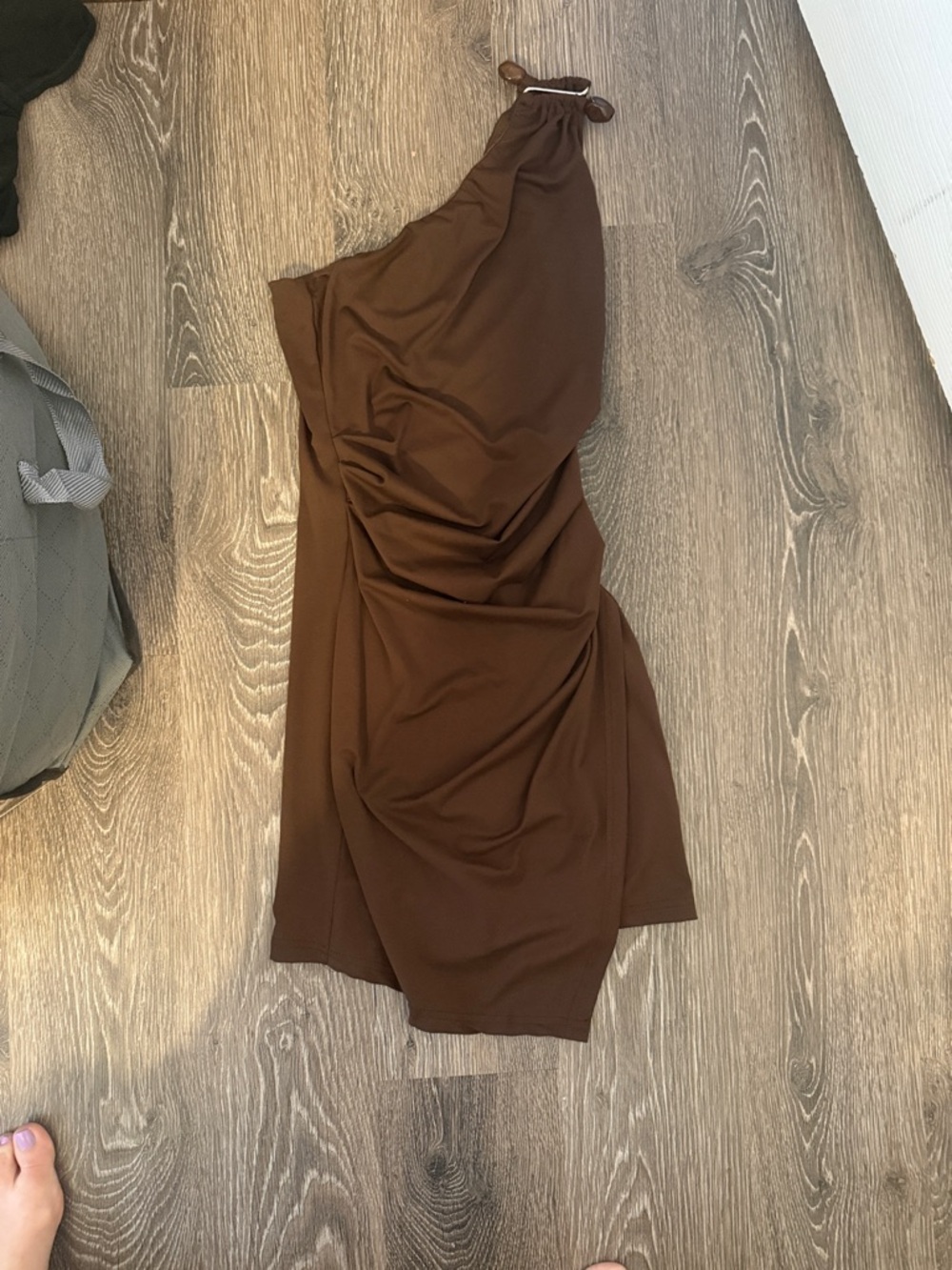 Hello Molly One-Shoulder Ruched Brown Mini Dress